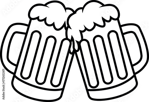 Beer mugs clinking with foam outline illustration