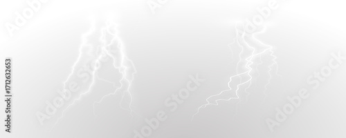 Realistic lightning flash effect, thunderstorm and lightning. Shining white lightning isolated on transparent background, natural phenomenon png.	
