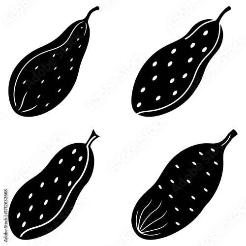 Four stylized black and white cucumbers with dots in varying orientations on a white background design