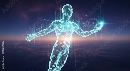 Glowing human energy body in a virtual reality landscape.