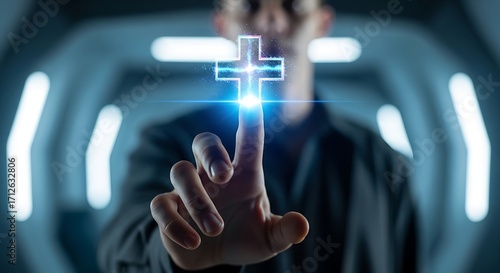 Person Touching Digital Cross Futuristic Interface.