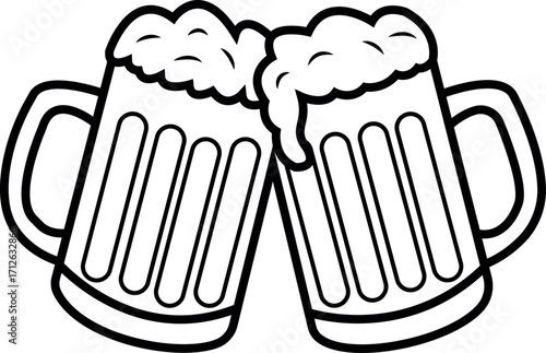 Beer mugs clinking with foam outline illustration