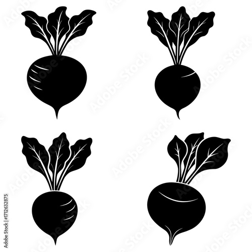 Four stylized black beetroots with leaves arranged in a square on a white background graphic illustration