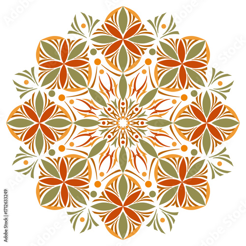 Autumn round mandala vector illustration. Seasonal pattern in autumnal colors. Folklore ornament of leaves and lines. Ethnic decor