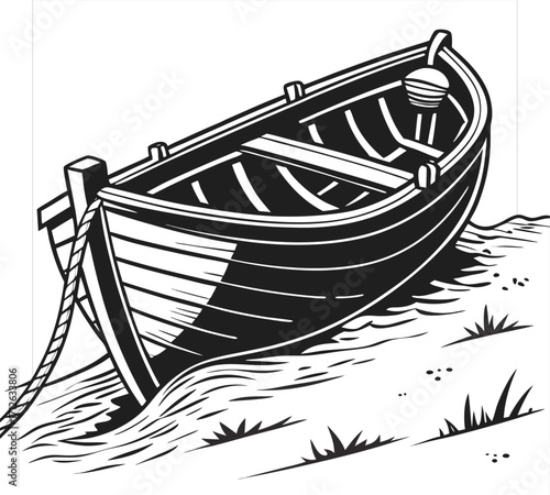Pen and Ink Drawing of a Wooden Rowboat on Calm Water