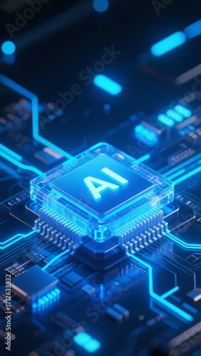 AI processor chip illuminated with blue circuitry on a futuristic electronic board