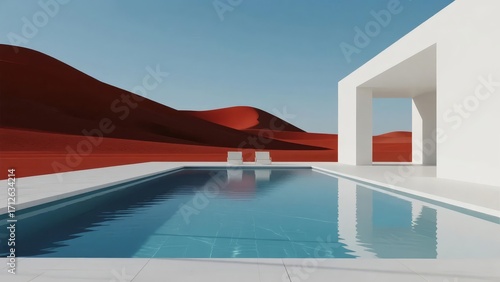 Modern minimalist architecture with a swimming pool reflecting clear blue sky, set against red desert hills