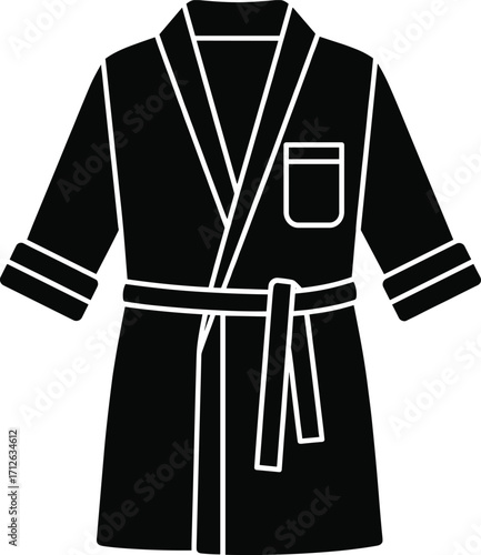 Black and white bathrobe silhouette, loungewear clothing icon, comfort fashion, homewear design, relaxation garment, vector illustration, cozy lifestyle, apparel symbol