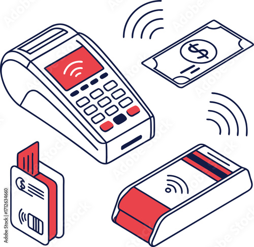 Isometric icons of contactless payments and card transactions vector