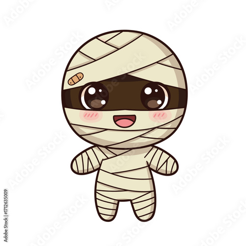 Cute cartoon mummy character smiling with bandages on Halloween  