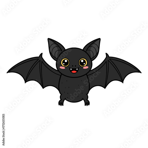 Cute cartoon bat with big eyes and open wings smiling happily  