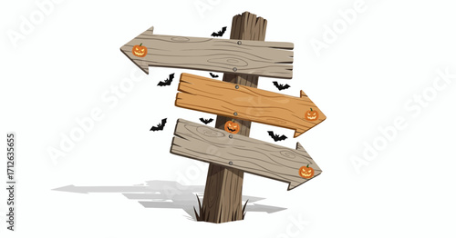 Spooky Halloween Wooden Signpost Three Arrows Pointing Different Directions