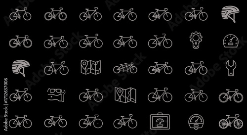Bicycle Icons Set  Cycling Transportation Sport Equipment Fitness and Bike Related Vector Illustrations