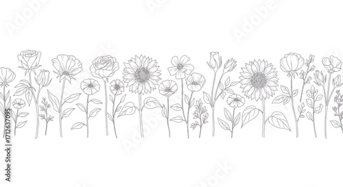 Black and White Floral Border with Roses Sunflowers and Various Flowers for Design Elements