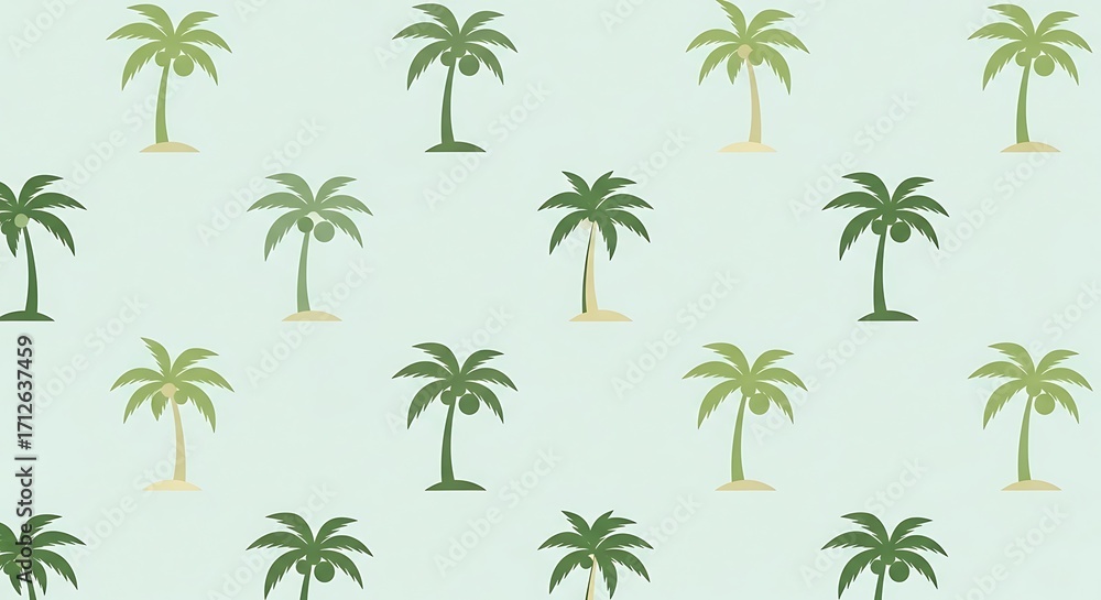 Seamless pattern of green palm trees on a light background.