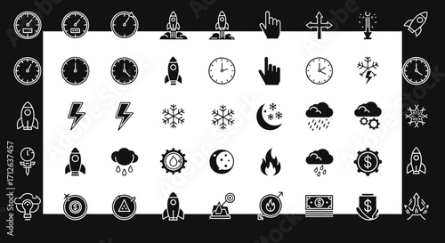 Business Icons Set  Time Money Weather Rocket Fire Gear Hand and More Vector Illustrations