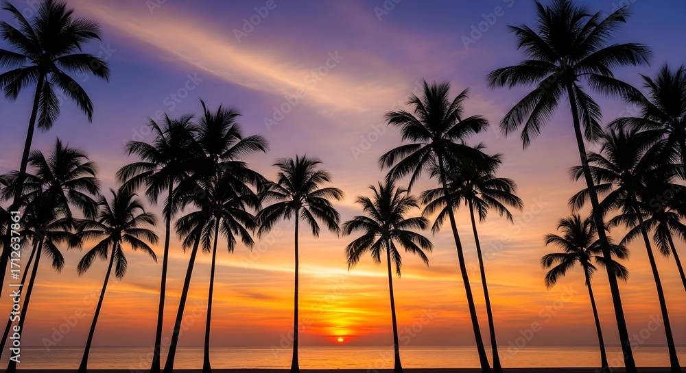 Obraz premium Tropical palm trees in silhouette against a vibrant orange and purple sunset over the sea