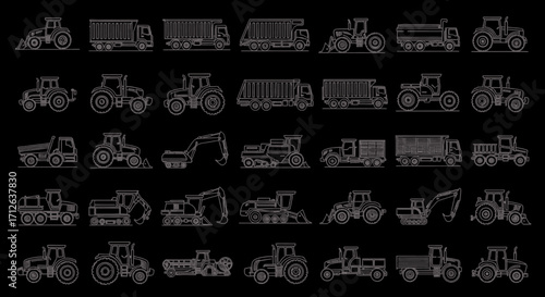 Construction Equipment Icons Set  Tractors Trucks Bulldozers and Heavy Machinery Vector Illustration