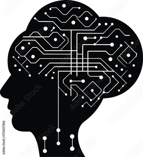 ai brain circuit vector illustration bundle thought bubble silhouette with circuit interior