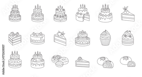 Delicious Cakes and Pastries Line Icons Set for Bakery Website or App Design