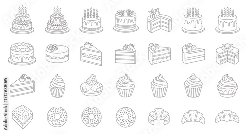 Delicious Desserts Icons Set  Cakes Cupcakes Donuts and Pastries Line Art Vector Illustration