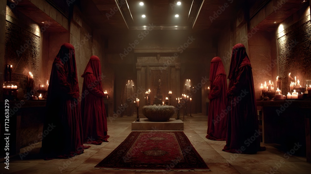 Fototapeta premium Mysterious Ritual in Dark Chamber with Figures in Red Robes