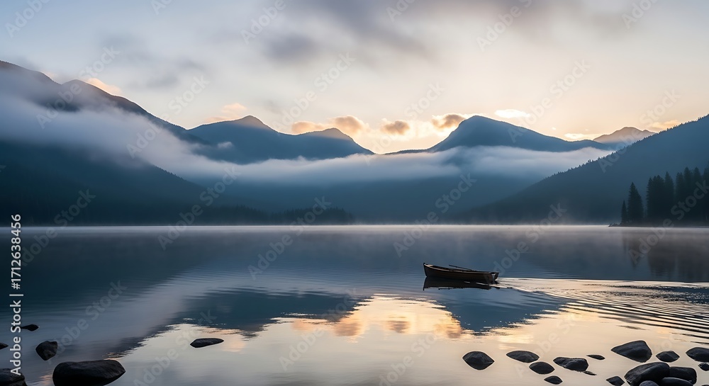 Fototapeta premium Misty Morning on a Serene Mountain Lake with Reflective Waters and Hazy Peaks at Sunrise.