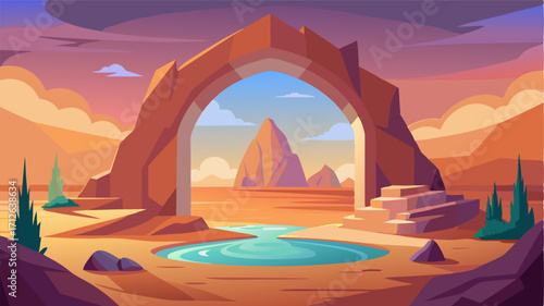 A small oasis is framed by a magnificent rock arch as if its a portal to a secret world.