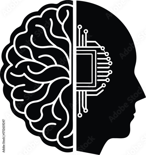 ai brain circuit vector illustration bundle half human half microchip brain silhouette