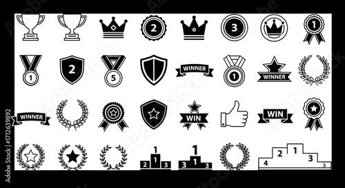 Achievement Icons Set  Winner Ribbons Trophies Stars Crowns and Laurel Wreaths Vector Illustration
