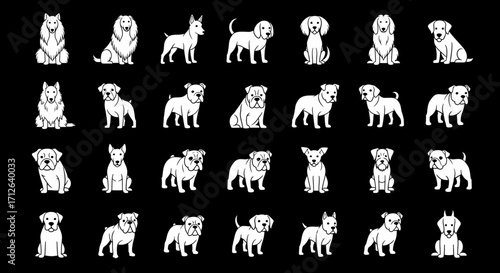 Dog Breed Icons Set  Various Poses and Types of Canines in Line Art Style Vector Illustration