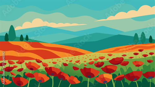 From afar the poppy fields look like a painting with their patterns and colors resembling brushstrokes on a canvas.