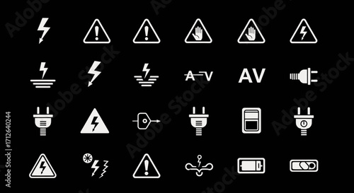 Electrical Hazard Warning Signs Icons Set Isolated on Black Background Vector Illustration