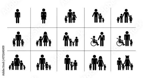Family Icons Set  Man Woman Child Parent People Group Silhouette Vector Illustration