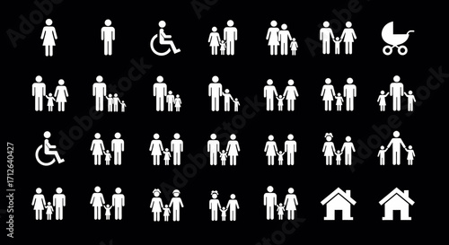 Family Icons Set  Man Woman Child Baby Couple Home Disability Symbol Vector Illustration