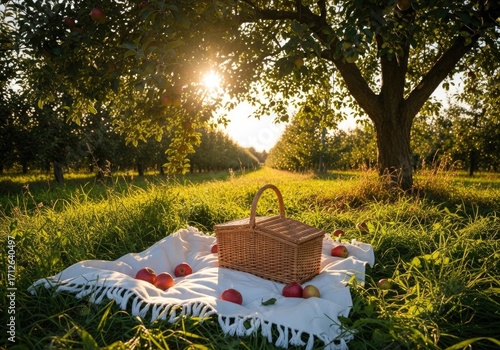 Wicker Basket with Red Apples on White Blanket in Orchard at Golden Hour Sunlight