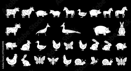 Farm Animals Icons Set  Cow Pig Horse Chicken Rabbit Butterfly Snail Vector Illustrations