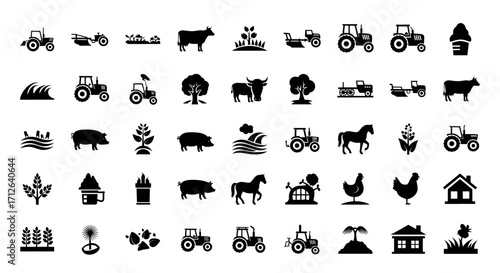 Farm Icons Set Agriculture Livestock Farming Equipment Rural Landscape Agricultural Symbols Vector Illustration