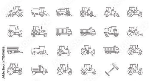 Farm Tractor Icons Set Outline Style Agriculture Machinery Equipment Vector Illustration Isolated on White Background