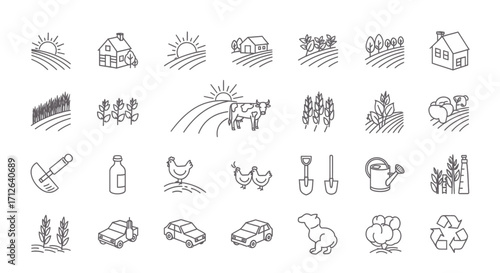Farm Icons Set Agriculture Rural Landscape Farming Business Harvest Crop Livestock and Sustainable Concepts Vector Illustration