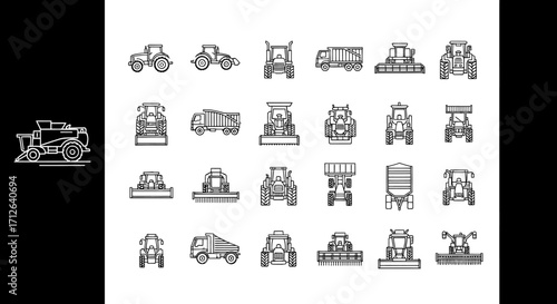 Farming Equipment Icons Set  Tractor Combine Harvester Sprayer and Agricultural Machinery Vector Illustration