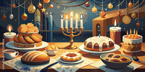 A sweet chocolate cake with lit candles is the perfect decoration for a birthday celebration on a dining table