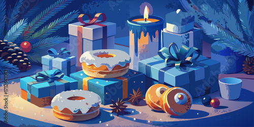 Burning wax candles with a glowing red flame decorate a birthday cake and a holiday Christmas tree for a year-end celebration