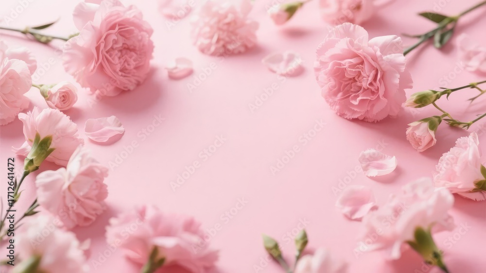 Fototapeta premium Pink roses and petals arranged on a soft pink background, forming a floral border with space for text.