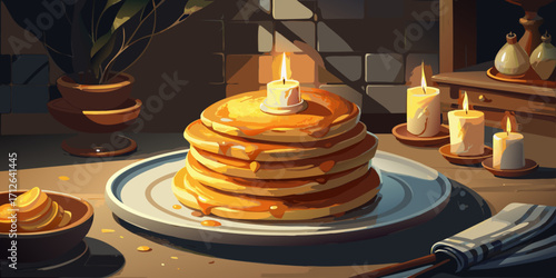 Homemade stack of delicious flapjacks with honey, butter, and fresh fruit on a white plate