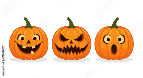 Three Halloween Pumpkins with Different Facial Expressions Happy, Angry, and Surprised