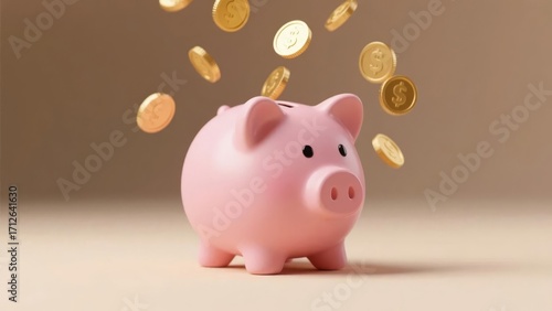 Pink piggy bank with golden coins falling into it