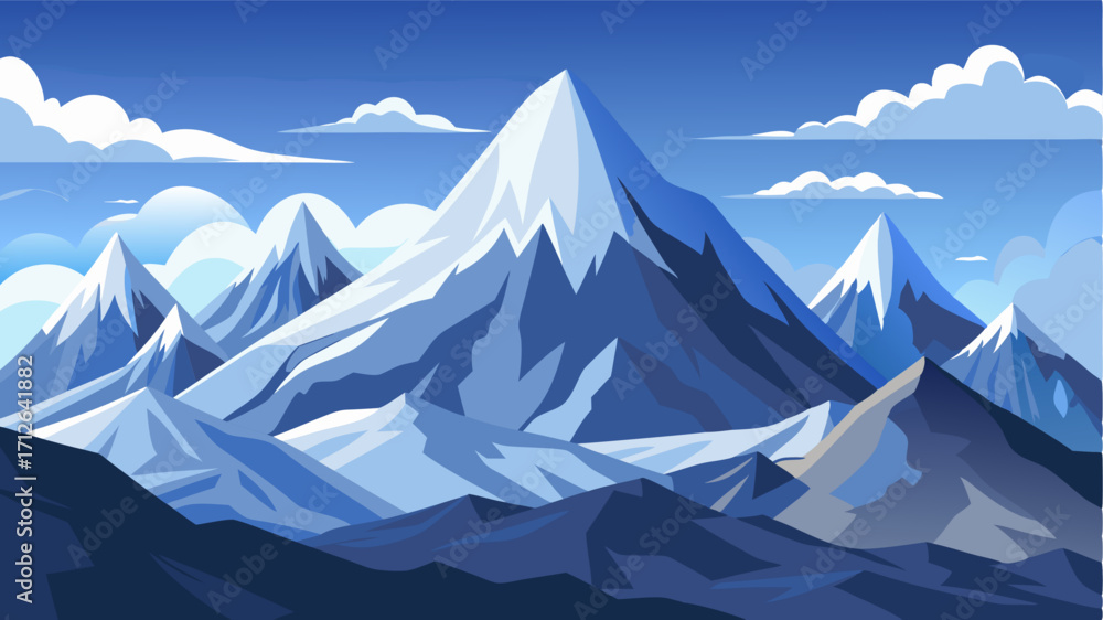 Fototapeta premium A breathtaking vista of snowy peaks their slopes glistening with frost and their peaks disappearing into the clouds.