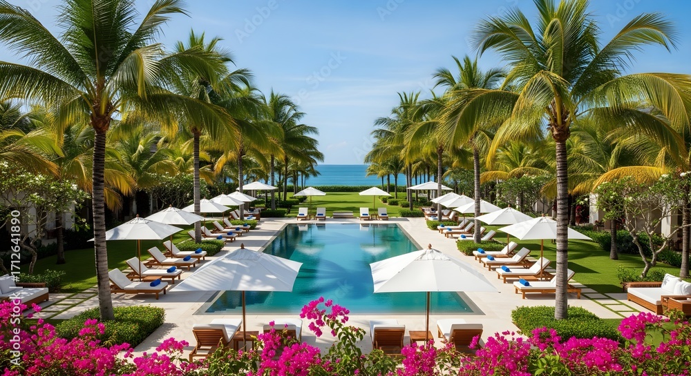 Fototapeta premium The luxurious hotel pool offers a relaxing tropical escape with palm trees and a view of the clear blue ocean