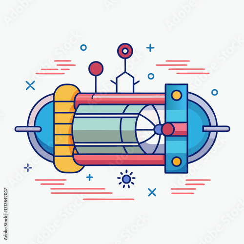 Futuristic sci fi space station module with colorful geometric elements